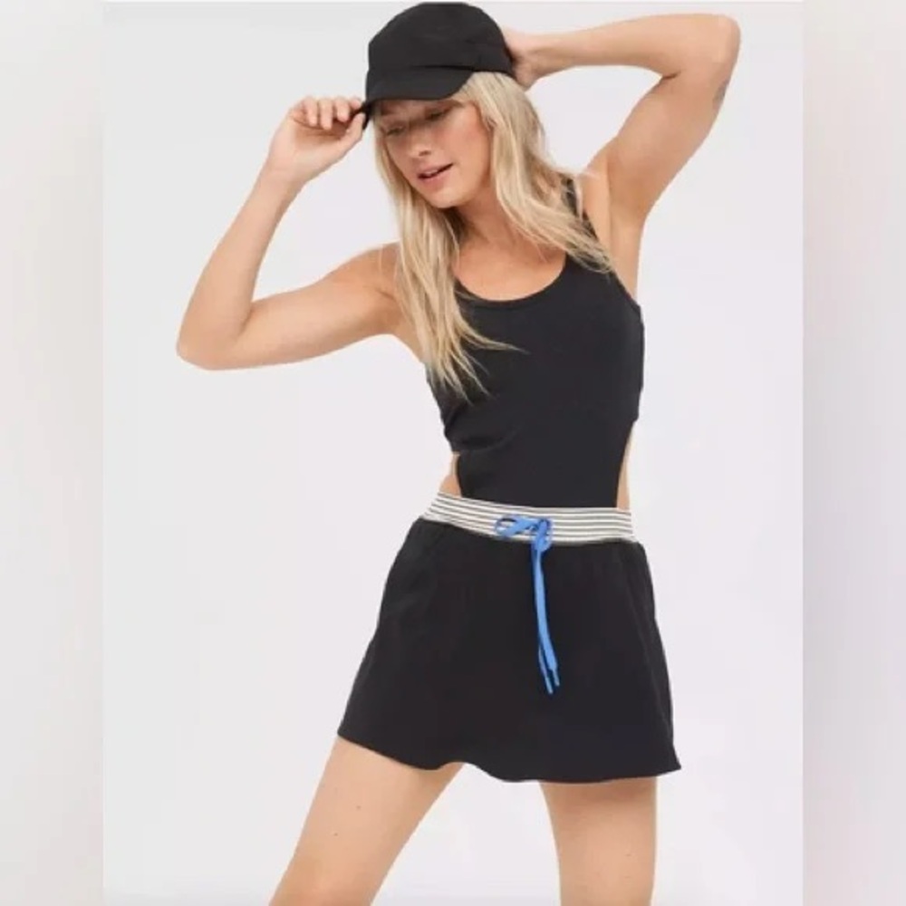 Black Scoop Neck Casual Tank Dress with Stripe Waist Tie